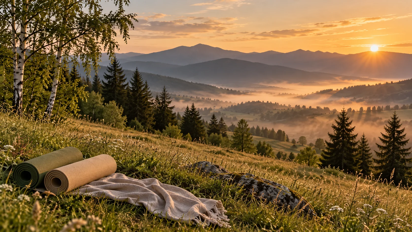 Peisaj montan cald la apus, cu saltele de yoga în iarbă